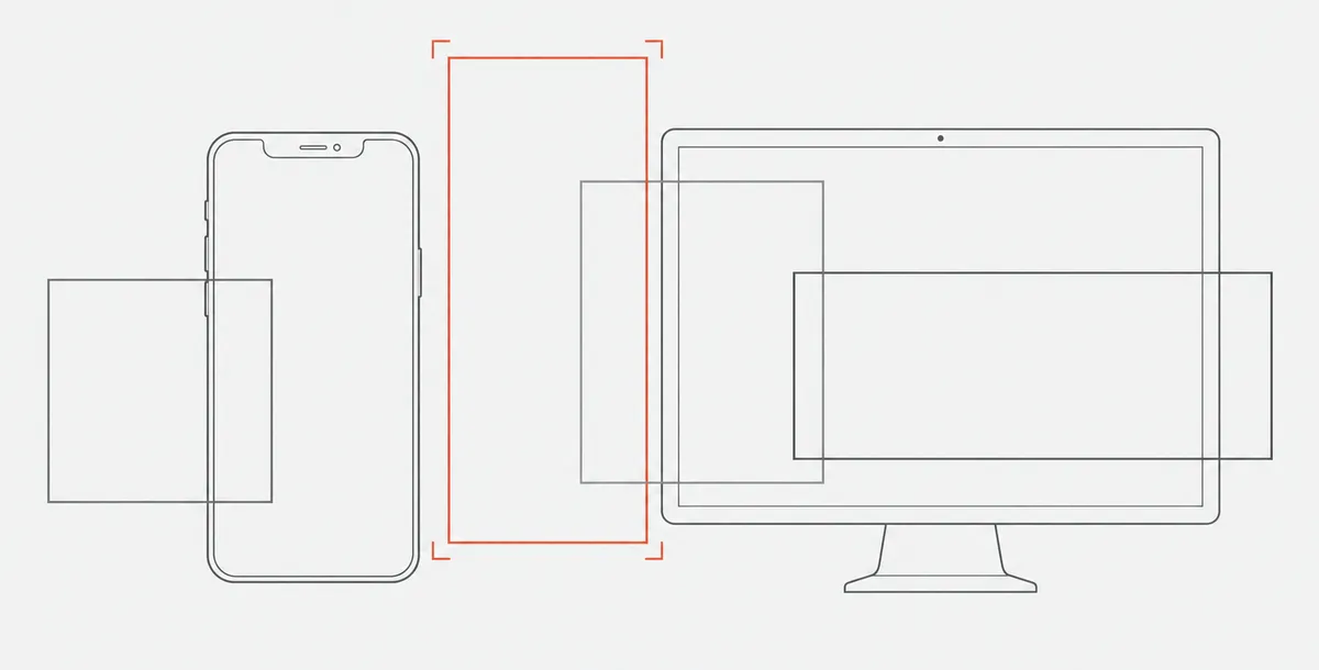 Ilustração de um celular e um monitor com molduras de proporções diferentes sobrepostas